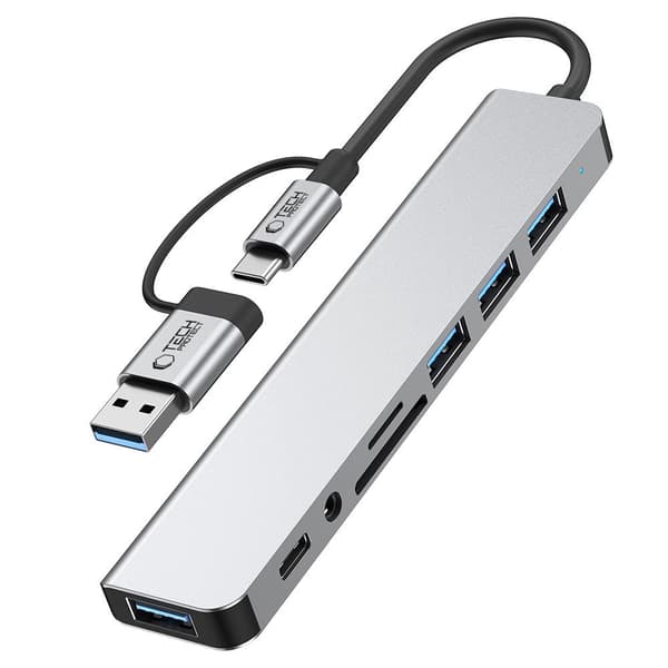 HUB multifunktionel splitter 8in1 USB-C USB-A SD/TF AV3.5 - grå