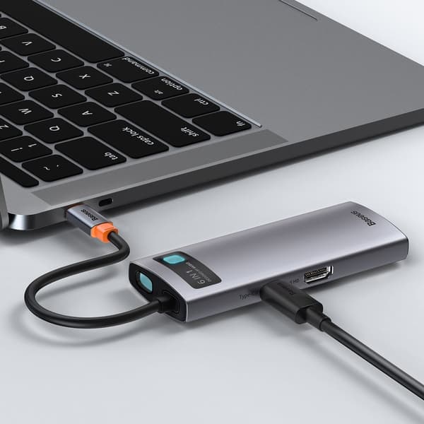 Multifunktionel 6-i-1 USB HUB USB-C PD HDMI 3x USB 3.2 RJ45 Grå