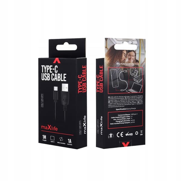 MAXLIFE USB - USB-C -KAAPELI 1,0 m 2A MUSTA