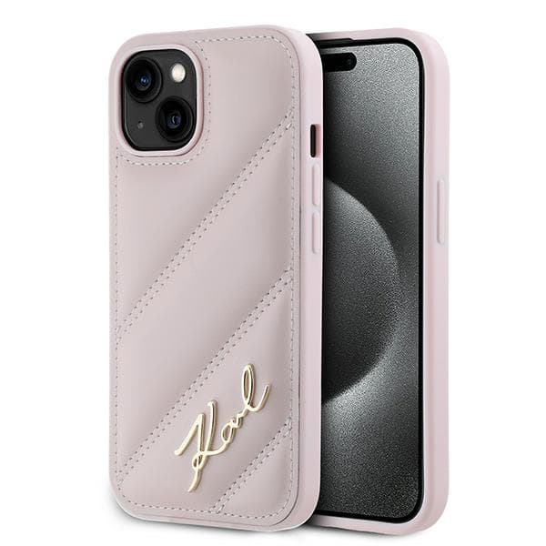 Karl Lagerfeld Diagonal Quilted Script iPhone 15 cover, pink