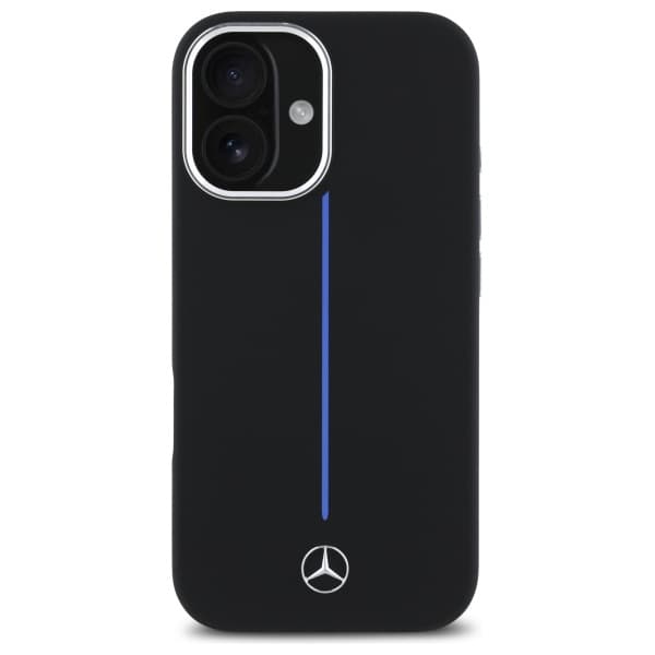Mercedes Silikone MagSafe-etui med blå striber til iPhone 16, sort