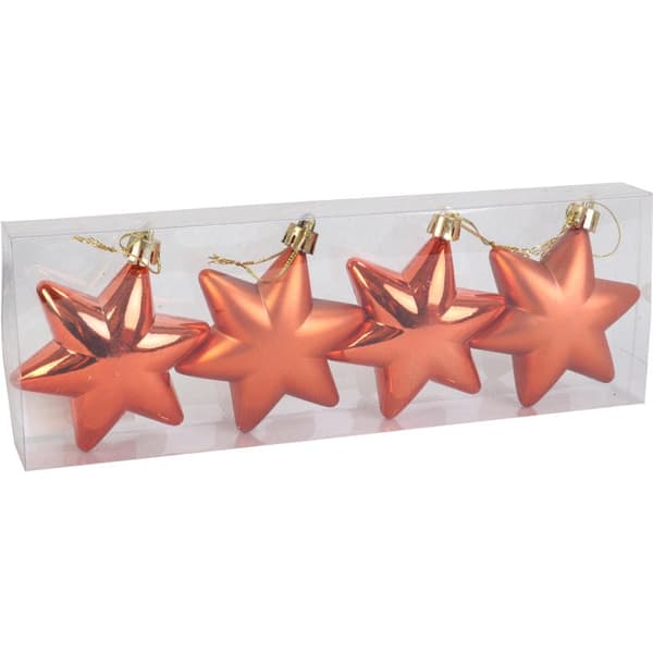 Set med 4 orange stjärnor glatta plastkulor 7 cm