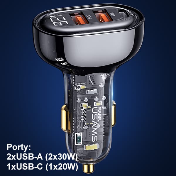 USAMS Billaddare 2xUSB+1xUSB-C 80W Snabbladdning Blå
