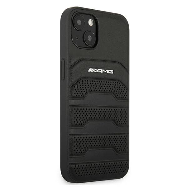 AMG lædercover med prægede linjer og sort logo til iPhone 13 mini, sort