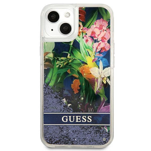 Guess Flower Liquid Glitter cover til iPhone 13 mini, blå