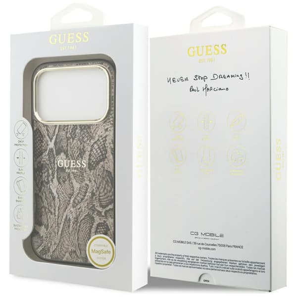 Guess Python-kuvioinen MagSafe-kotelo iPhone 17 Pro Maxille, ruskea