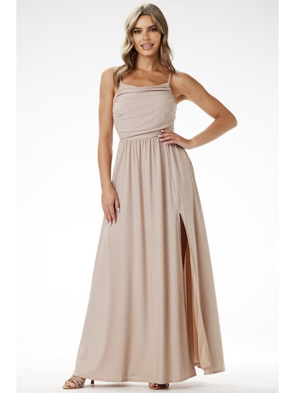 Glitter maxi aftenkjole, beige S