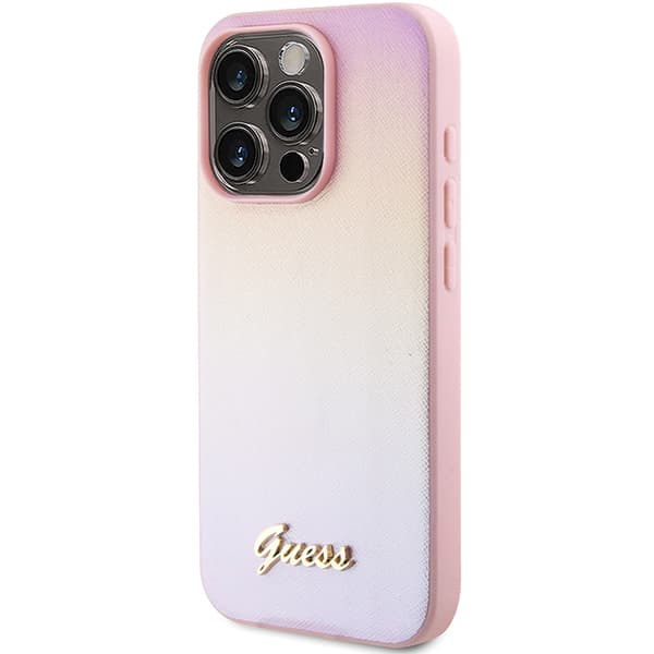 Guess Saffiano Iridescent Script-cover til iPhone 15 Pro Max, lyserød