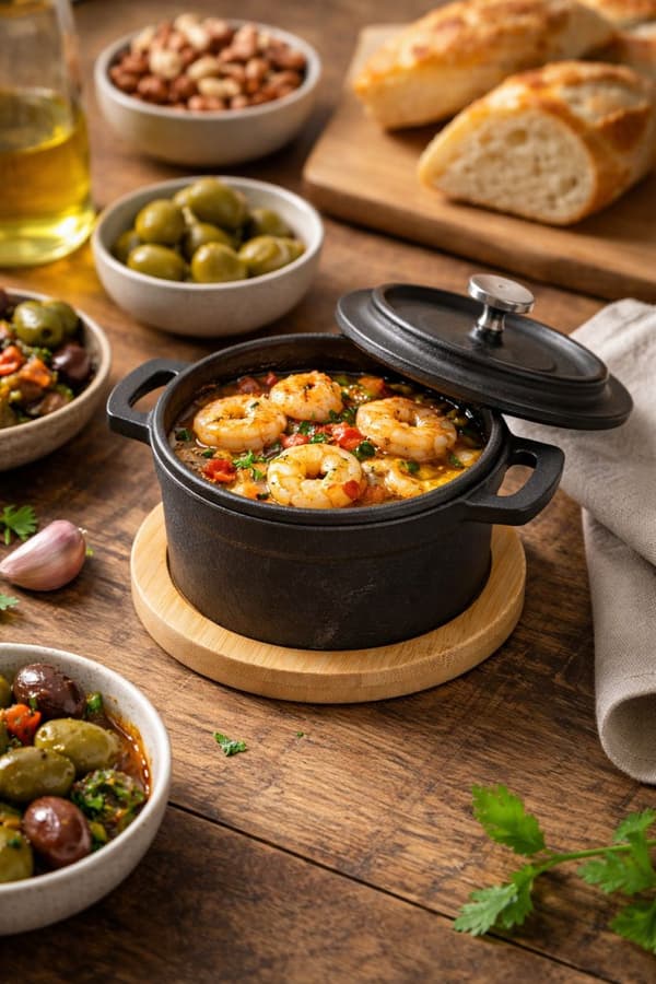 Tapasfad i støbejern med låg og bambusbund