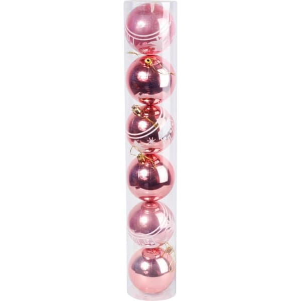 Sæt med 6 rosa plastdekorerede julekugler 8 cm diameter