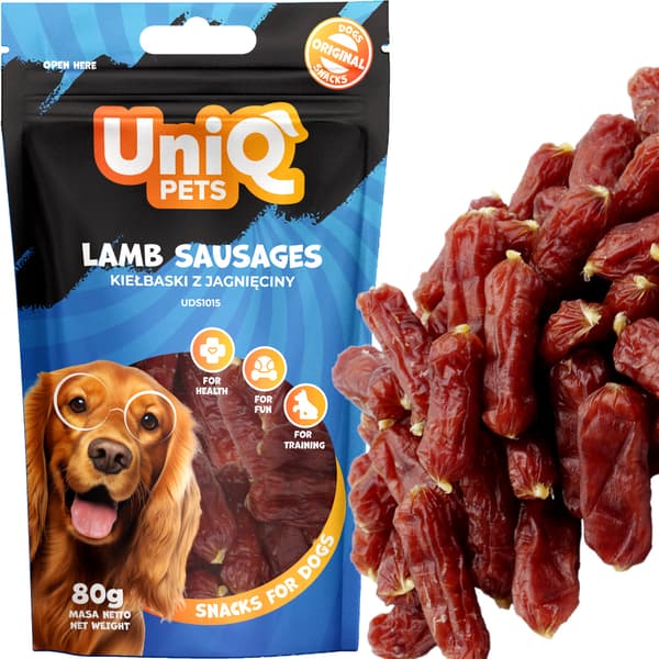 Delikatess, snack til hunde Bløde lammepølser UniQ Pets 80g