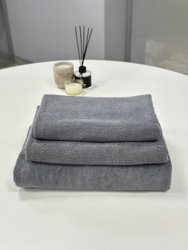 Set med 3 grå badhanddukar, 100 % bomull, 50x90, 70x140, 100x150 cm