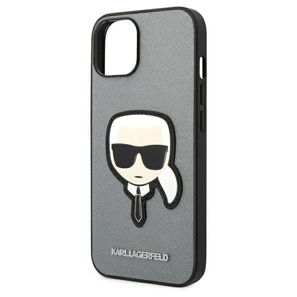 Karl Lagerfeld Saffiano Karl`s Head Patch-etui til iPhone 14 Plus, sølv