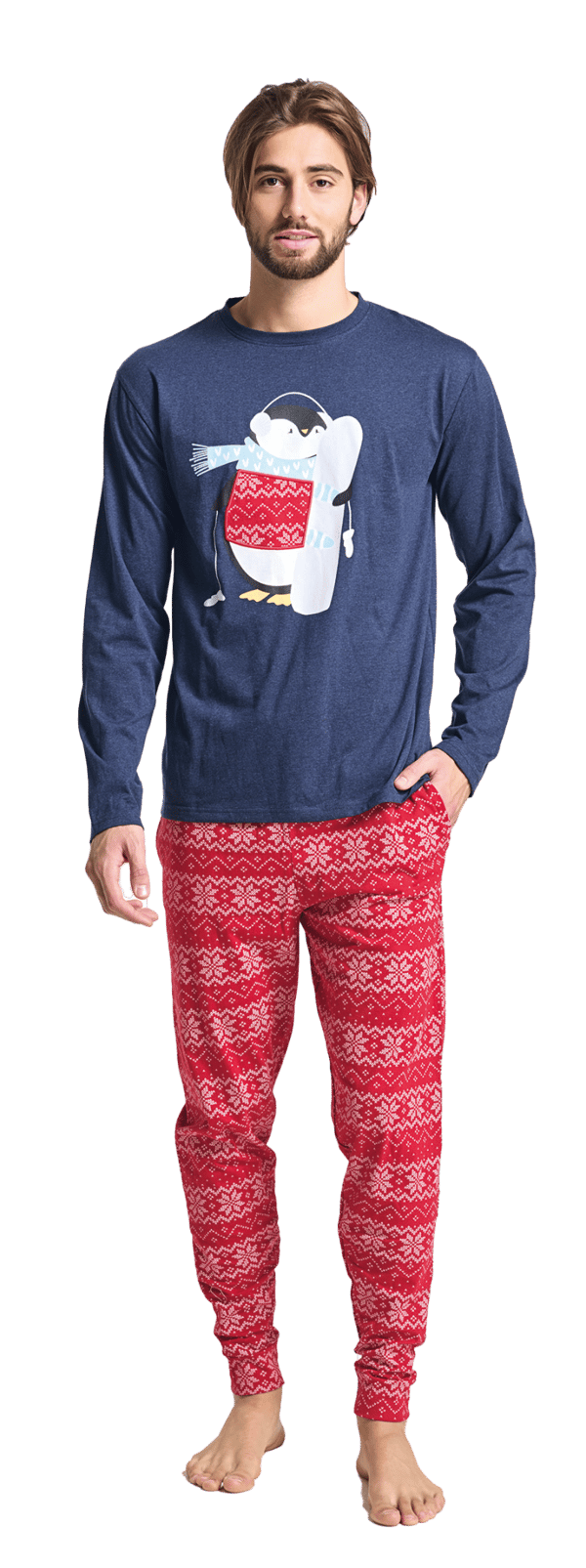 Herrpyjamas med broderi, bekväma sovkläder, blå Herrpyjamas med broderi, bekväma sovkläder, blå