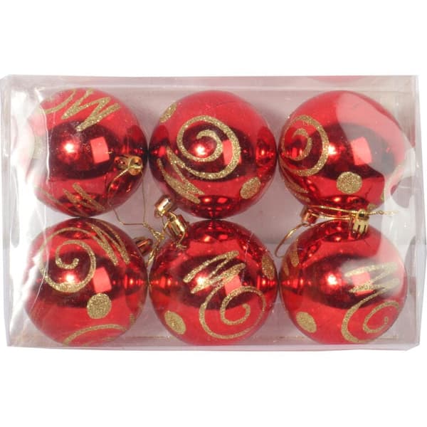 SET MED 6 RÖDA PLASTBOLLAR MED DEKOR 6 CM
