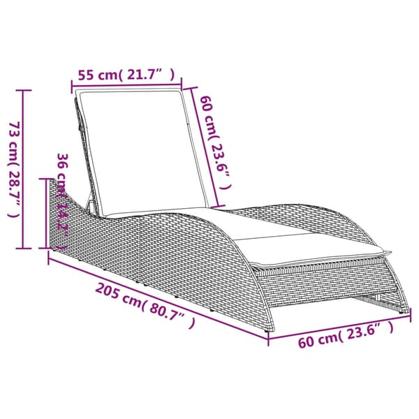 vidaXL dagseng med hynde, sort, 60x205x73 cm, polyrattan