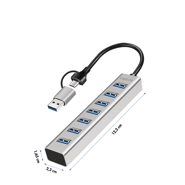 LogiLink USB 3.0 Hub 7 Portar USB-A 2-i-1 Kabel USB-A/USB-C 5 Gbps Silver