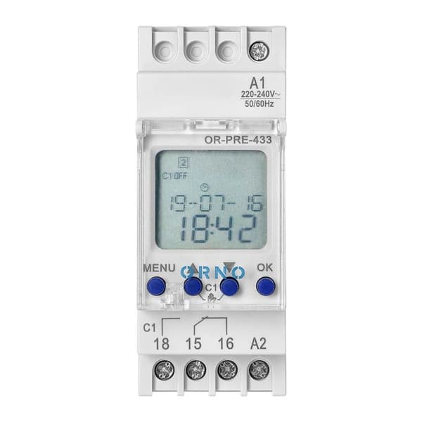 Elektronisk timer med LCD-display för DIN-skena
