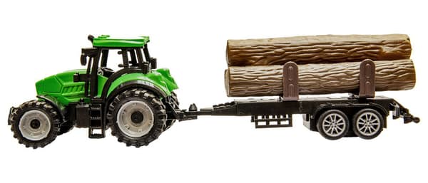 Liten traktor med timmervagn