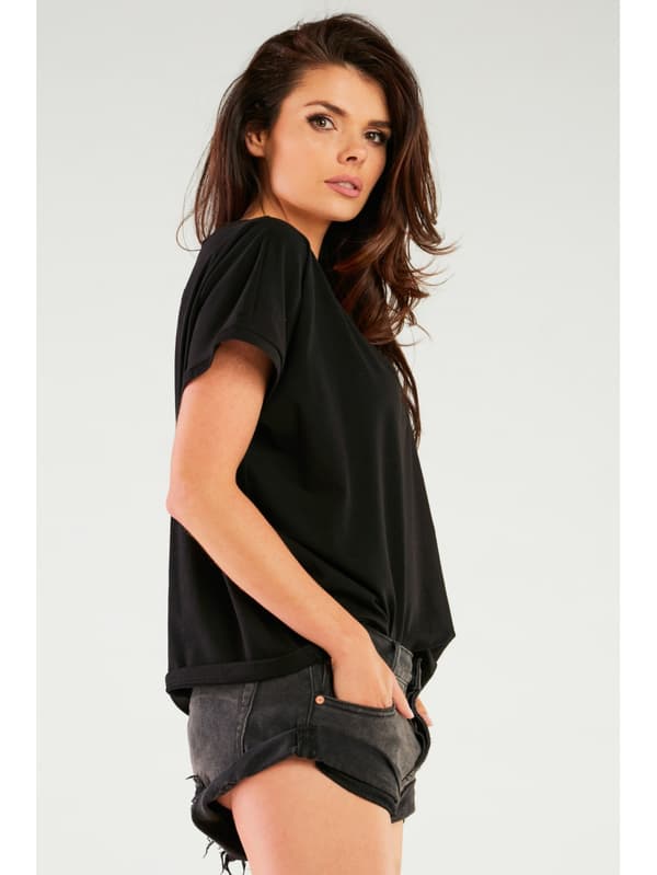 V-ringad blus med korta ärmar, svart. One size.