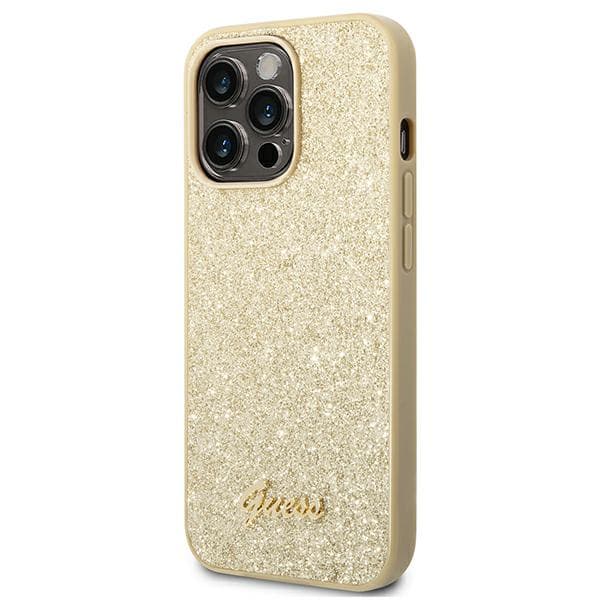 Guess Glitter Script -suojakuori iPhone 14 Prolle, kulta