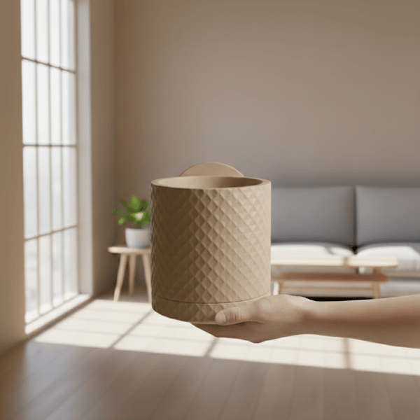 Beige blomkruka med diamantmönster och dold droppbricka