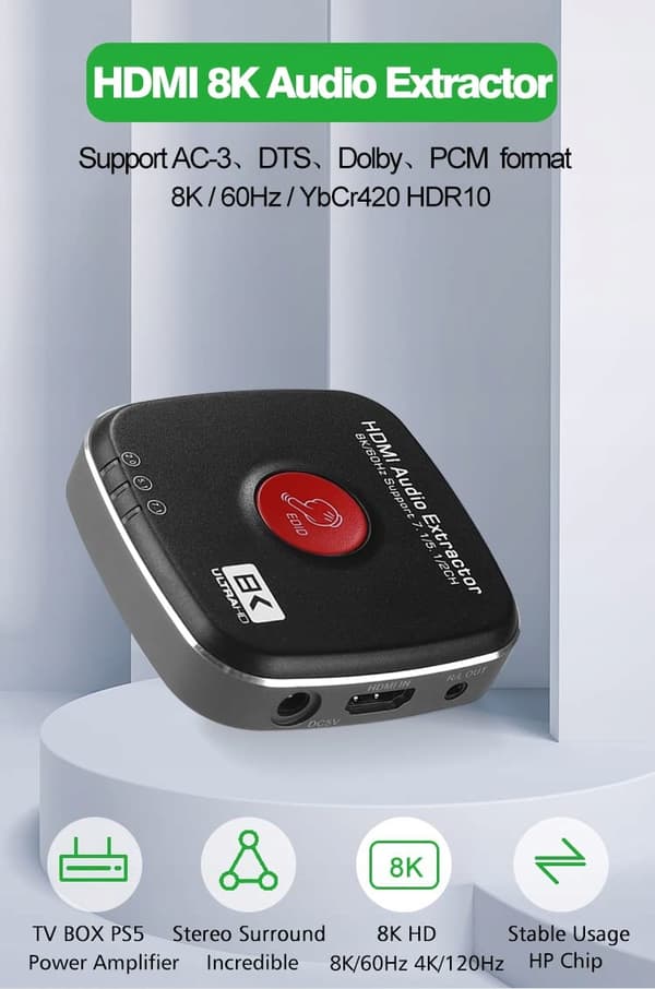 8K HDMI 2.1 lydudtrækker 60Hz 7.1CH/5.1CH/2CH + lydopløsningsadapter
