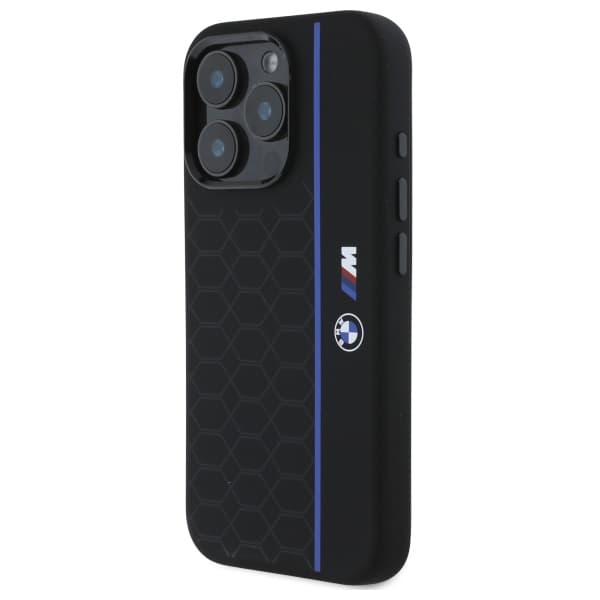 BMW Silikone Hexagon Blue Line MagSafe-etui til iPhone 16 Pro, Sort