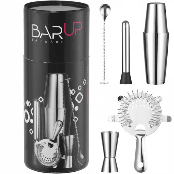 Bartendersæt i rør, shaker, jigger, si, muddler, ske - sølv