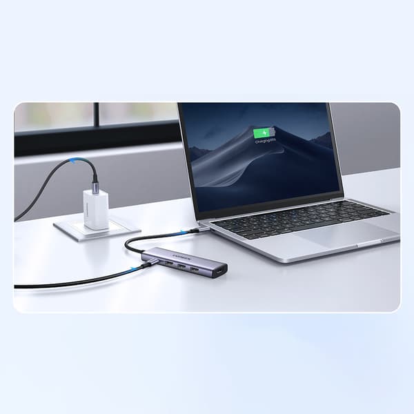 5in1 Monitoiminen HUB-sovitin USB-C 3x USB-A HDMI 4K PD 100W Harmaa
