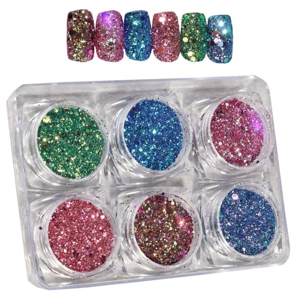 6x Glitterpulver för nagelkonst - Set 017