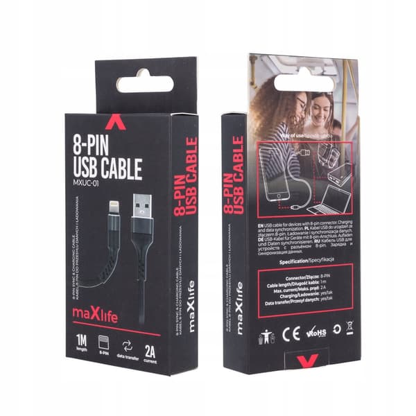 Maxlife MXUC-01 USB - Lightning-kabel 1,0 m 2A sort nylon
