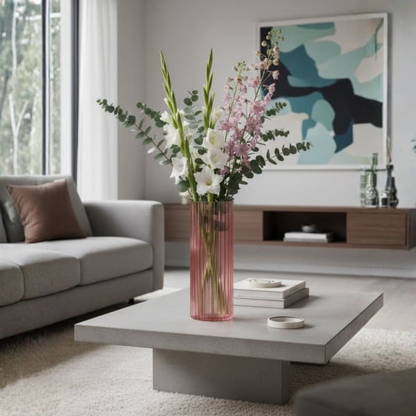 Set med 3 moderna RIBS-vaser, transparent rosa