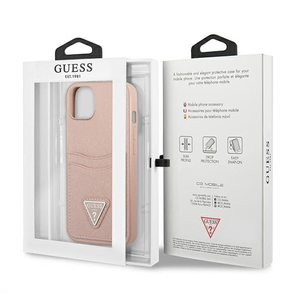 Guess Saffiano Triangle Logo Cardslot-etui til iPhone 13, lyserød