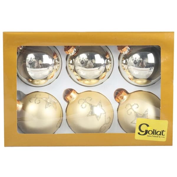 Set med 6 eleganta krämfärgade glaskulor med silverglitter 8 cm