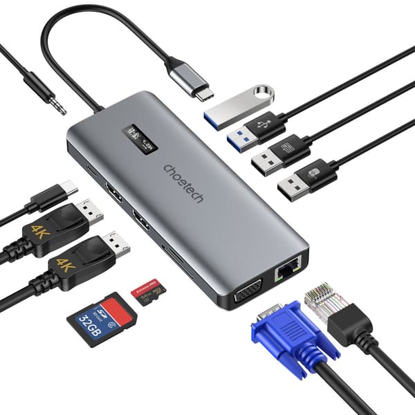 Multifunktionel HUB-adapter med display USB-C USB-A VGA AUX SD TF 12in1 Grå