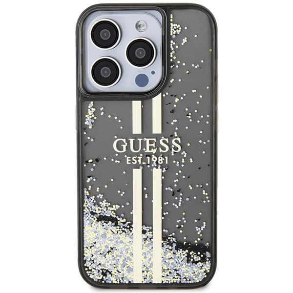 Guess Liquid Glitter Gold Stripes cover til iPhone 15 Pro, sort