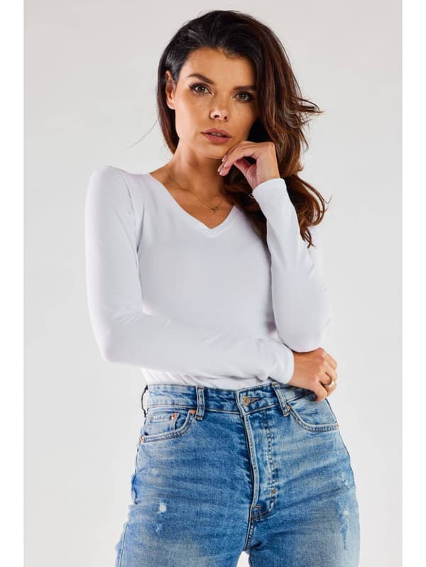 Basis bomuldsbluse med V-hals, hvid XL