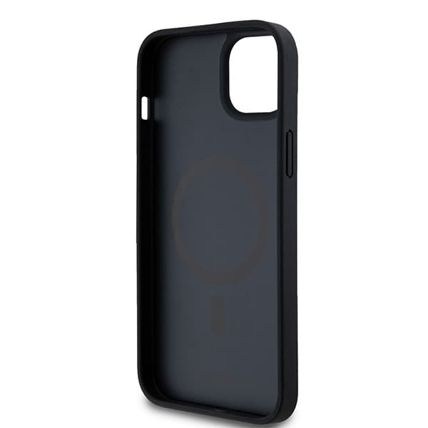 DKNY Lædermonogrammønster Metal Logo MagSafe-etui til iPhone 15 Plus, Sort