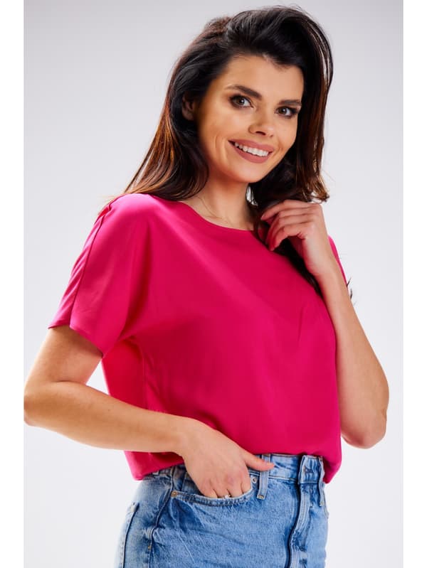 Viskose kimonobluse med korte ærmer, fuchsia XL