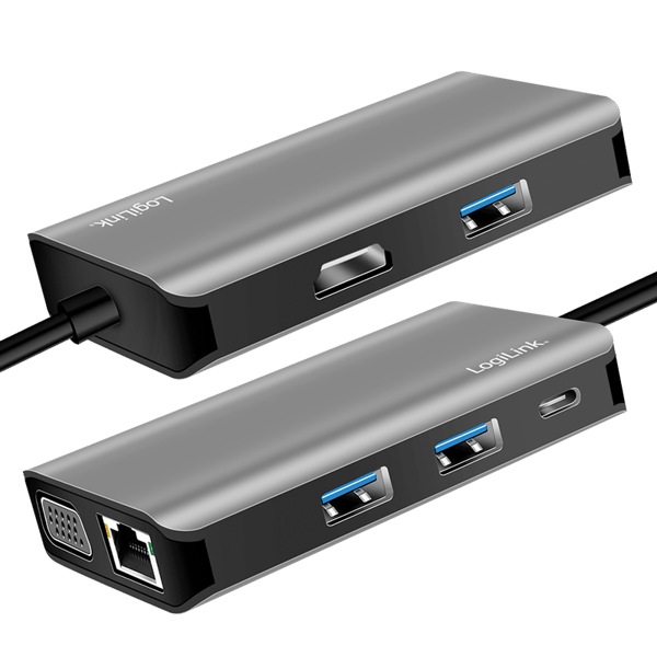 LogiLink USB-C 7-i-1 Dockingstation USB 3.2 Gen1 PD 100W 4K Grå