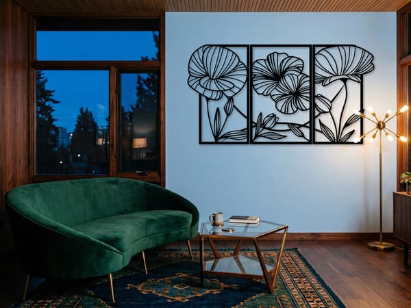 STOR VÄGGDEKORATION "3D-BLOMMOR TRIPTYK" + EXTRA 3D-BLOMMOR TABLETTER 150 X 80 CM