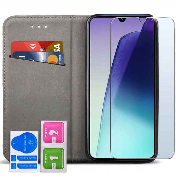 Flip-etui til Xiaomi Redmi 14C SMART MAGNETIC BOOK sort + GLAS