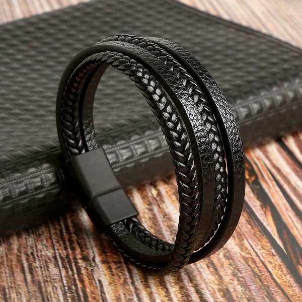 Herreflettet læderarmbånd mørkebrun titanium gave 4 i 1