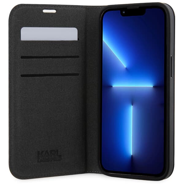 Karl Lagerfeld Saffiano Monogram Flip-etui til iPhone 14 Pro, Sort