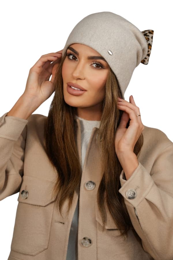 Vintermössa i ull med leopardrosé, beige Kamea-Kiku