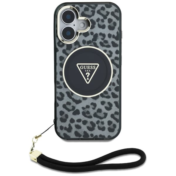 Guess HC IML Leopard Trekantet Kabelrem MagSafe-etui til iPhone 16, Sort