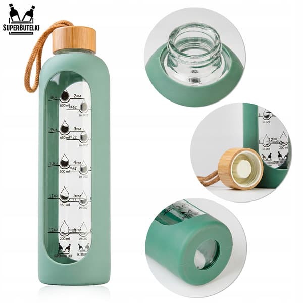Glasvattenflaska 1000 ml med silikonfodral (grön)
