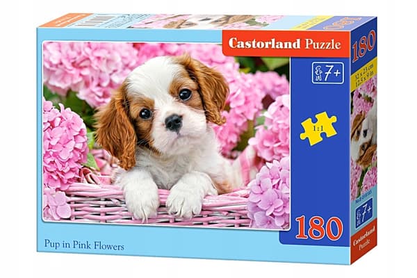 Pussel 180 bitar valp i rosa blommor B-018185