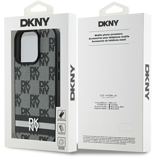 DKNY cover med ternet mønster og trykte striber til iPhone 16 Pro Max, sort